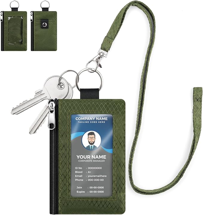 RFID Blocking Lanyard Wallet with ID Window Card Holder Green 1pc | Slim, Small, Keychain Wallet, Traval Neck Wallet, Zipper Pouch, Badge Holder, for Cards Cash Coins by SIDESUGAR