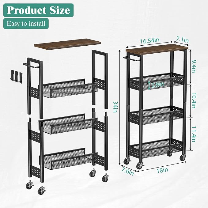 Slim Rolling Storage Cart 4 Tier Bathroom Organizer Mobile Shelving Unit Utility Cart with Wood Top and Handle for Kitchen Laundry Narrow Places, Black - Image 6