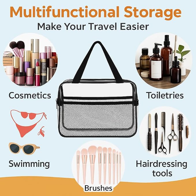 XEWEA 2PCS TSA Approved Clear Travel Toiletry Bags For Men Women, | Transparent Makeup Cosmetic Bag, Handle Zipper, Waterproof PVC, Quart Organizer Pouch for Airport Airline, Black - Image 4