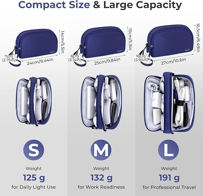 Skycase Travel Cable Organizer - Lightweight Water Resistant Dual-Layer Tech Pouch with Wrist Strap 9 Compartments Electronic Organizer Travel Case for Charger Cord Hard Drive,Medium,Blue - Image 3