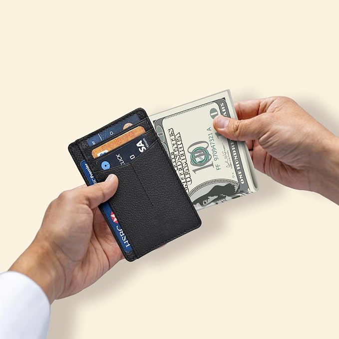 Slim Minimalist RFID Leather Wallet, Front Pocket Card Holder, Jet Black - Image 4