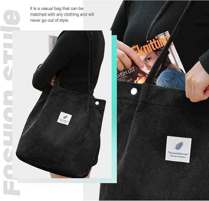 LHMTQVK Corduroy Tote Bags for Women, Large Capacity Tote Purse Reusable Grocery Shoulder Bag with Inner Pockets - Image 5