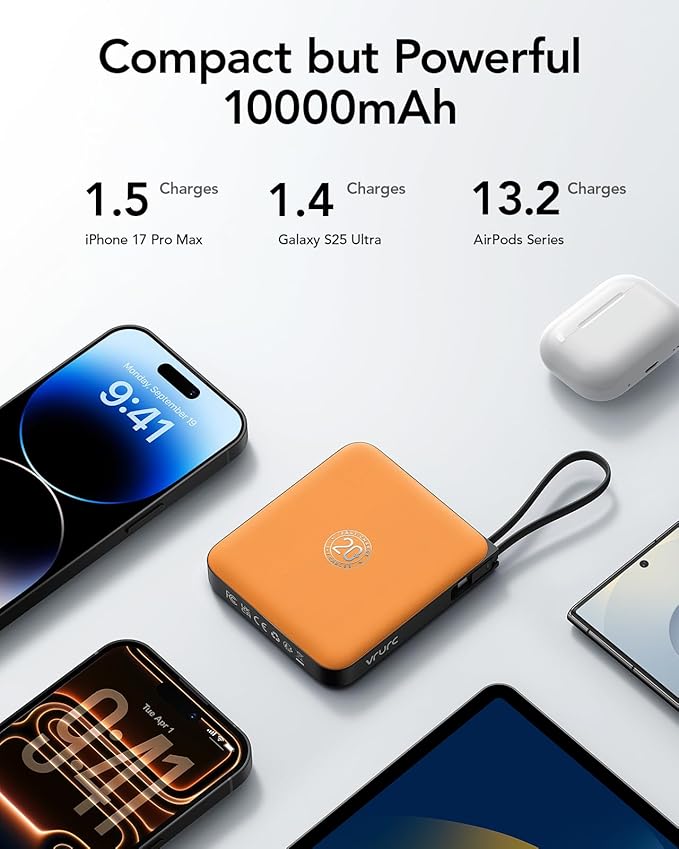 Portable Charger USB C for iPhone, 10000mAh Power Bank with Built-in Cables | 22.5W Fast Charging, LED Display, Slim, for iPhone 17 Pro Max & 16/15 Series (Orange) - Image 7