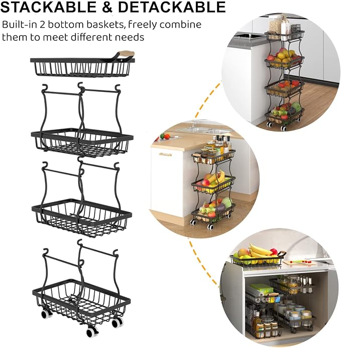 CHLORYARD 4 Tier Slim Fruit Basket for Kitchen, Stackable Metal Wire Fruit Vegetable Storage Baskets Organizer Stand on Wheels, Produce Basket Potato Onion Storage Bins Rack for Pantry. (Black) - Image 4