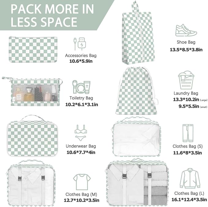 KPX 8 Set Packing Cubes for Travel, Luggage Packing Organizers Accessories Large Toiletries Bag for Clothes Shoes Cosmetics (8Set-Green Checkered) - Image 2