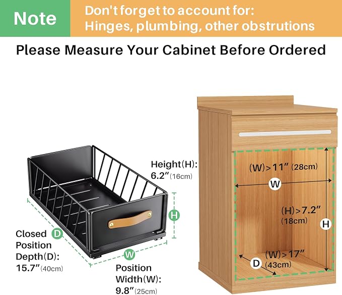 Pull out Cabinet Organizer,Heavy Duty Slide out Pantry Shelves Drawer Storage with Adhesive Nano Film,Sliding Mesh Cabinet Basket with Handle for Kitchen, Bathroom, Home, 9.8"W X 15.7"D X 6.2"H,Black - Image 2