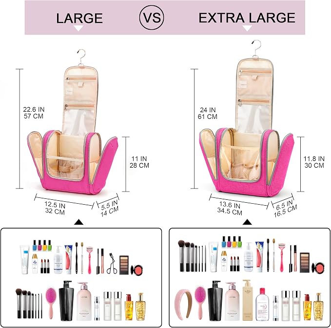 Hanging Travel Toiletry Bag for Women and Men, 6 Organizer Compartments, Extra Large Toiletries Bag, Bathroom Cosmetic Bag, Water-resistant Makeup Bag, Holds Full-Size Shampoo, Rose Red - Image 8