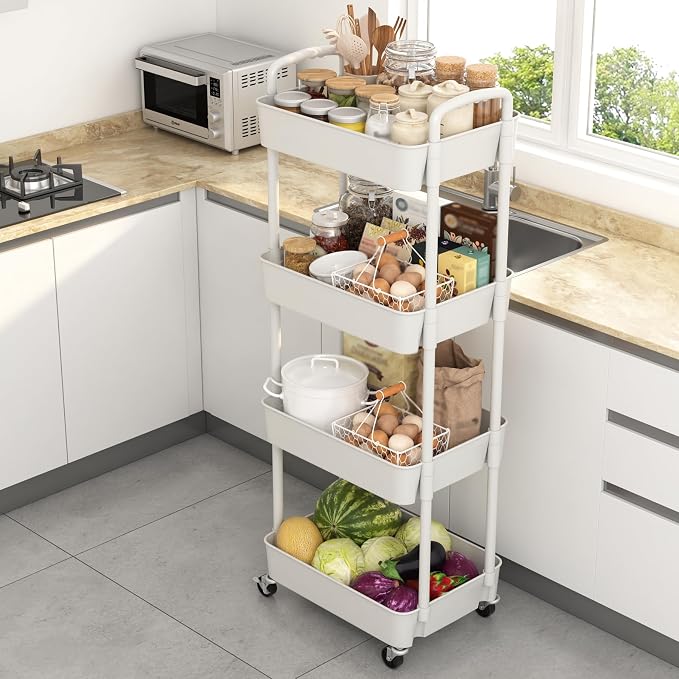 Sywhitta 4-Tier Plastic Rolling Utility Cart with Wheels for Storage,White | Multi-Functional Storage Trolley, for Office, Living Room, Kitchen, Bathroom,Movable Organizer,Space-Saving,Easy to assemble - Image 5