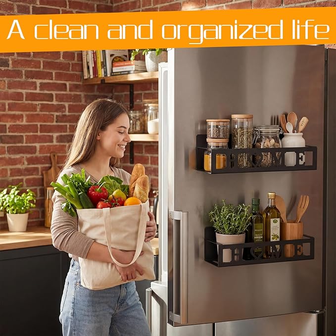 Beeveer 2 Pcs Magnetic Spice Rack for Refrigerator, Black Home | Magnetic Design, No Drilling, Farmhouse Kitchen Decor Home Accessories, 2 Sizes Metal Storage Shelf for Fridge Spices - Image 4