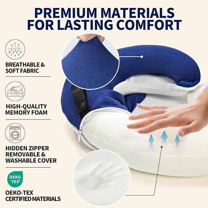 Travel Neck Pillows for Airplanes, Memory Foam 360° Head Support Sleep for Long Flight, Skin-Friendly & Breathable, Kit with Eye Mask, Earplugs and Storage Bag (Adult, Navy, 90+ lbs) - Image 4