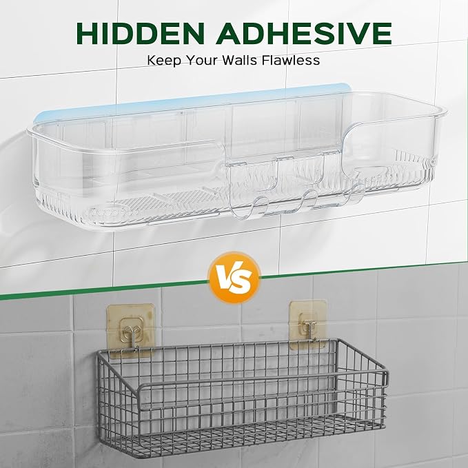 HAMITOR 2 Pack Adhesive Shower Caddy, Clear Transparent Shower Organizer | Modern Clear Design, Waterproof Adhesive Setup, Quick Drainage Shelves, Perfect for Homeowner, Apartments & Stylish Bathrooms - Image 7