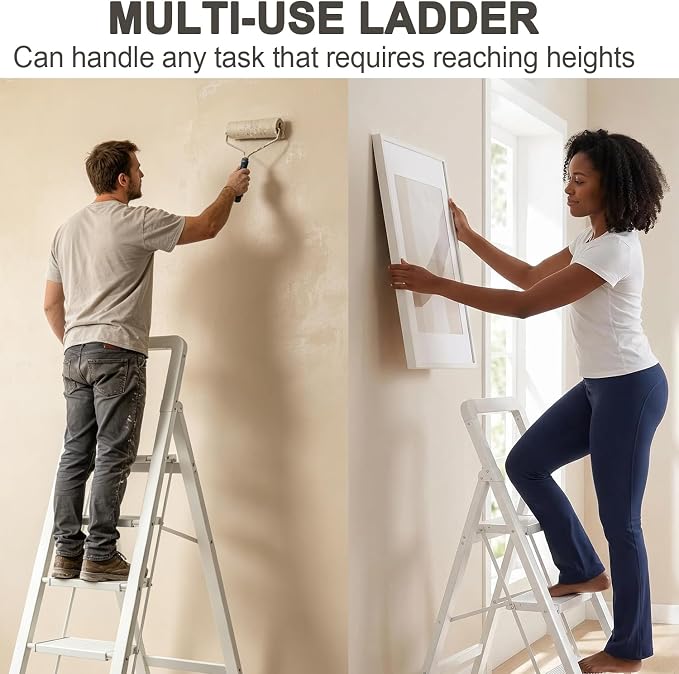 Step Ladder 3-Step White Finish Aluminum Folding Ladders | Anti-slip Sturdy Foldable Ladder Step Stool for Kitchen Home Office Libaray - Image 4