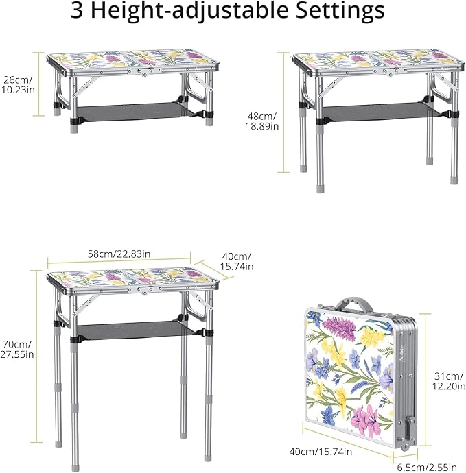 Anbte 2ft Small Folding Table, 3 Adjustable Height for Camping, 24" x 16" | Folding Camping Table with Storage Net, Lightweight & Portable with Carry Handle, for Outdoor Indoor Camping Beach RV, Floral - Image 3
