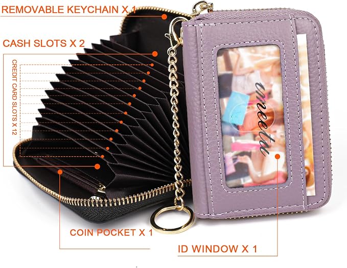 imeetu RFID Credit Card Holder, Small Card Wallet Women, Leather Card Case | Genuine Leather Women's Card & id Cases, Change Coin Purse with Zipper Keychain id Window, 20 Colors & 3 Styles, Daily, Gifts - Image 2