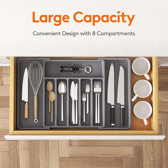 Lifewit Extra Large Silverware Drawer Organizer, Expandable Utensil Tray | BPA Free Flatware Cutlery Holder for Kitchen, Adjustable Plastic Storage for Spoons Forks Knives, 13-22 x15, Dark Gray - Image 2