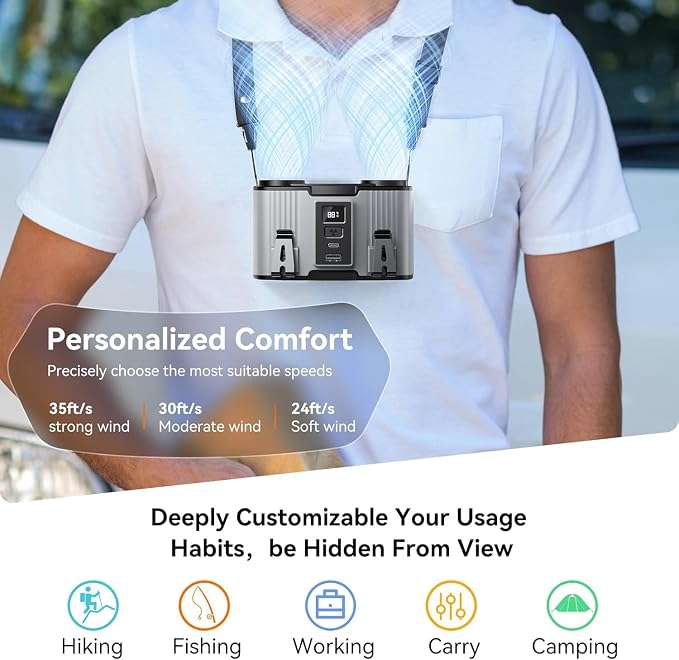 Doublepow 12000mAh Portable Waist Fan, Personal Waist Fan, Dual Air Ducts Motors, USB Rechargeable Clip On Belt for Working, 10 Speeds & 23H Wearable Neck Cooling, for Outdoor, Work, Travel (Gray) - Image 6