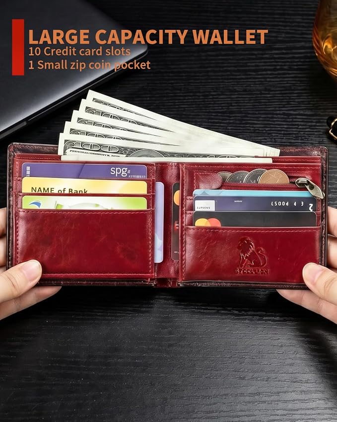 Men's Cowhide Leather RFID Wallet, Slim Bifold (Red) | 2 Clear ID Windows, 10 Card Slots, Zipper Coin Pocket, Gradient Finish for Business, Travel, Daily Carry and Gifts - Image 5