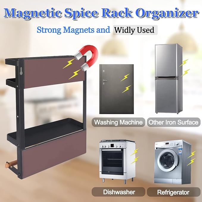 Magnetic Spice Rack for Refrigerator Magnetic Paper Towel Holder for Fridge Magnetic Shelf Magnetic Shelves Fridge Magnet Organizer Spice Rack Kitchen Organization Kitchen Storage Black - Image 6