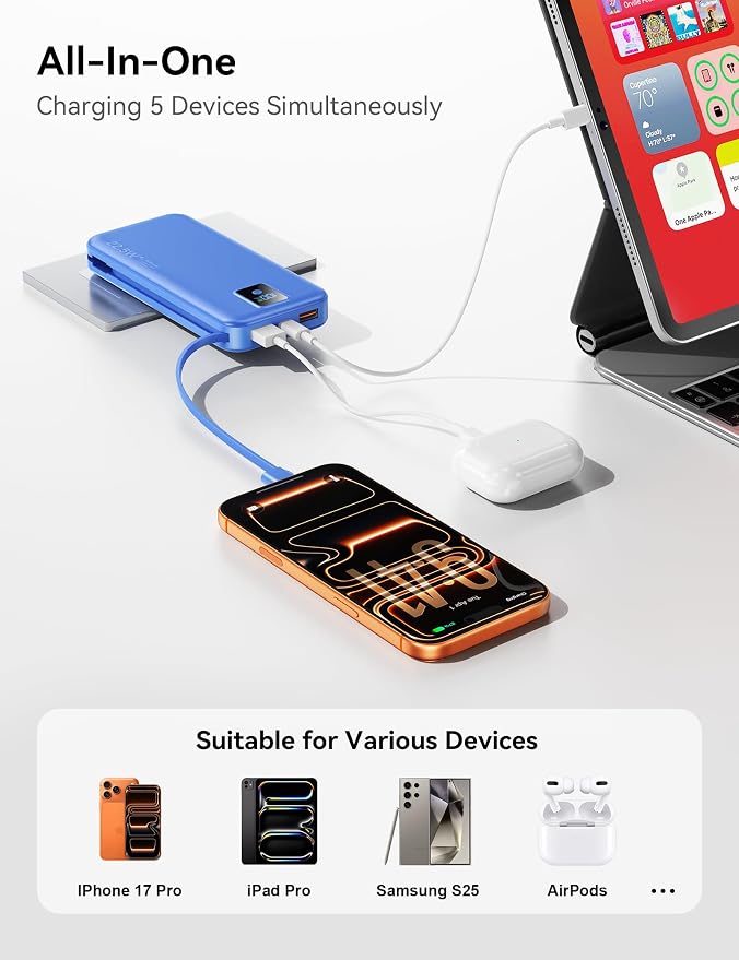 Portable Charger 12000mAh 22.5W w/Built-in Cable & Wall Plug Navy | 22.5W fast charging, LED display, Charging 5 devices at once, Pass through charging, TSA approved, Compatible with iPhone - Image 7