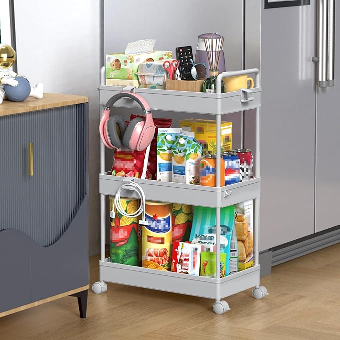 SOLEJAZZ 3 Tier Slim Rolling Storage Cart Organizer with Wheels, Gray | Utility cart for bathroom, laundry, bedside, dorm&narrow spaces. Fits craft, nail, makeup, snack, art, diaper&baby essentials by SOLEJAZZ