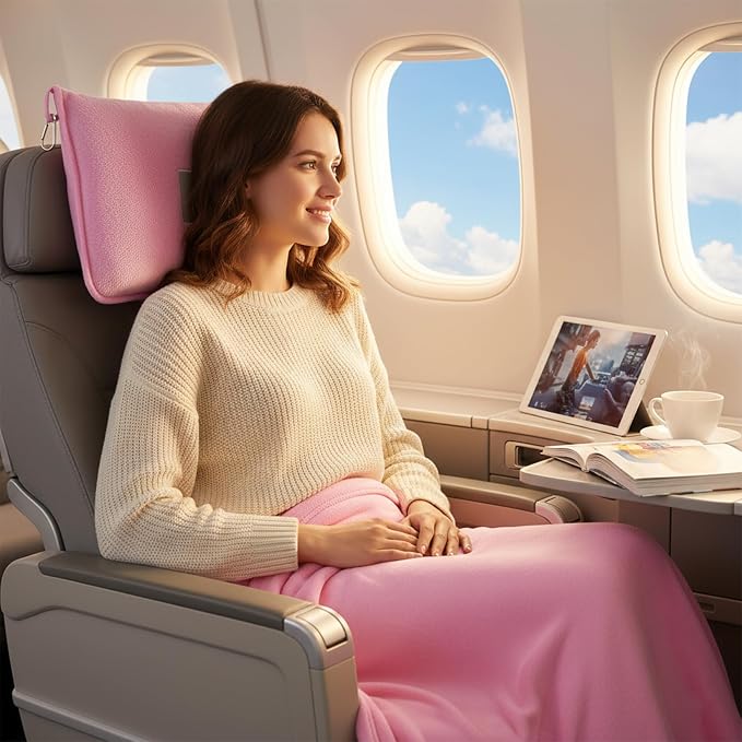 Travel Blanket and Pillow, Ultra-Soft, Compact & Lightweight, 60x50 in, Airplane Travel Essentials with Hand Luggage Sleeve and Backpack Clip, for Travel & Picnic (Pink) - Image 6