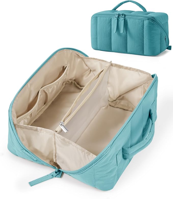 BAGSMART Travel Makeup Bag for Women, Portable Water-resistant Cosmetic Case, Puffy Padded Make Up Organizer Pouch, Open Flat Toiletry Bag for Toiletries, Brushes, Green by BAGSMART