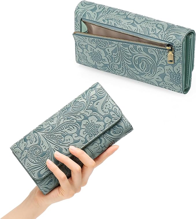 GOIACII Leather Wallets for Women RFID Blocking Western Clutch Blue | Embossed Design, Trifold, Large Billfolds, Vintage Flower, Ladies Purses with Zipper Coin Pocket - Image 3