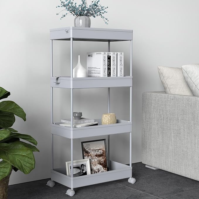 4 Tier Rolling Cart with Wheels, Storage Craft Art Trolley Organizer Serving, 3 Hanging Baskets Easy Assembly, for Office, Living Room, Kitchen - Image 6