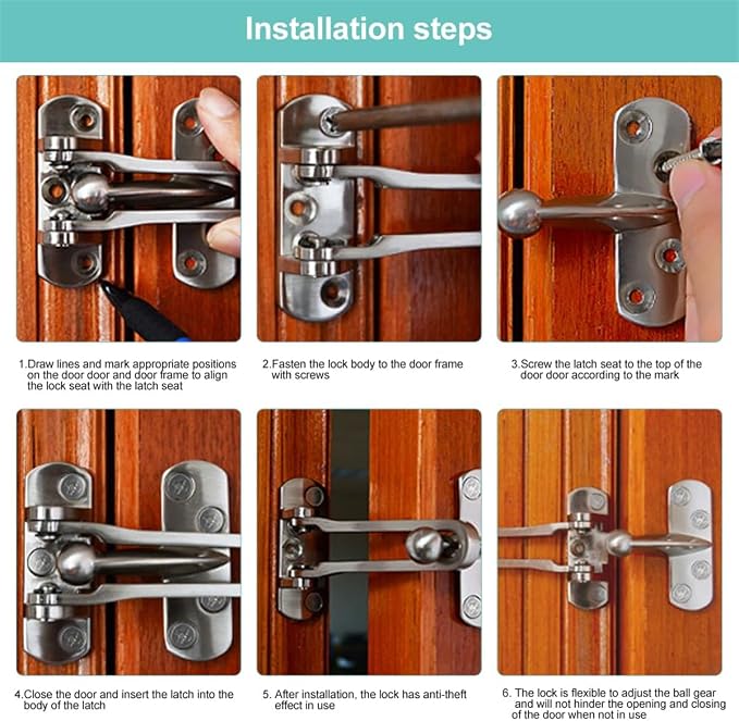 Door Chain Lock for Front Door, Swing Bar Door Guard Lock, Door Security Chain Lock, Anti-Theft Internal Door Safety Latch, Door Chain Latch for Home Apartment Hotel Dormitory(Silver) - Image 6