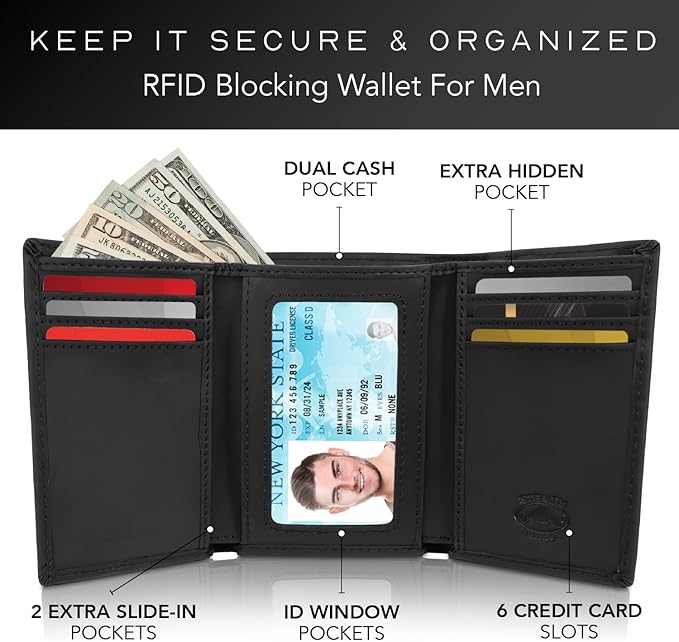 Stealth Mode Trifold RFID Blocking Leather Wallet for Men (Black) | Top Grain Napa Leather, 9 Card Slots, ID Window, Gift Box – Gift for Dad, Husband, or Son - Image 2