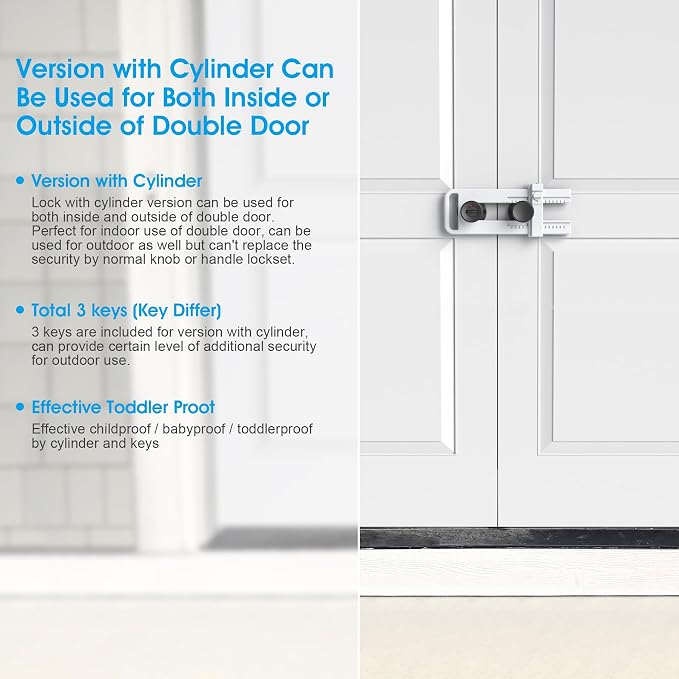 AST Childproof Double Door Security Lock, Adjustable Keyed French Door Lock | Lockout device for knobs and handles of double doors, prevent kick ins, Kids proof barricade, bigger adjustment, matte white - Image 7