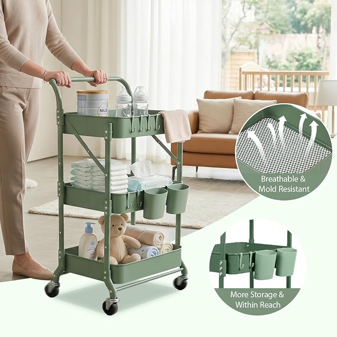 Amatic 3-Tier Folding Rolling Utility Cart with Wheels, Metal Foldable Storage Cart Organizer with 3 Hanging Cups & 6 Hooks for Kitchen, Office, Living Room, Nursery(Green) - Image 5