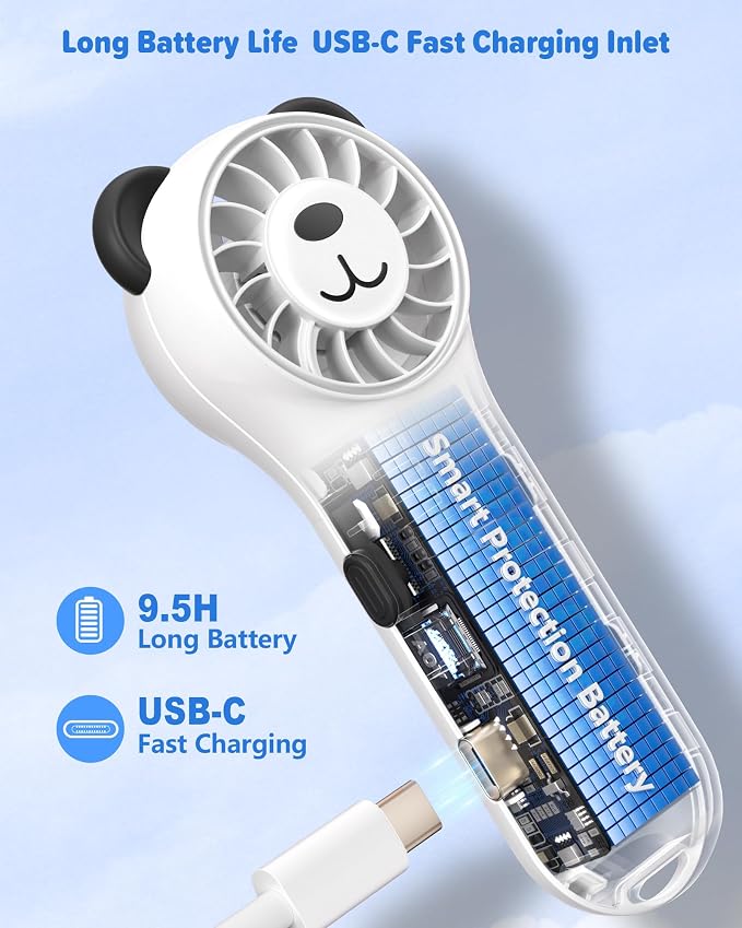Portable Handheld Fan, Cute Bear Mini Fan with 11000 RPM High Speed, Rechargeable Personal Fan with 4 Speeds, Pocket Small Fan for Travel, Makeup, Lash, Gifts for Women Girl - White - Image 4