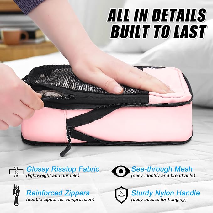 4 PCS Set Compression Packing Cubes for Travel, Lightweight Packaging Organizer Bags for Carry On Space Saving, Travel Essentials Cubes for Suitcase Backpack, Pink - Image 7
