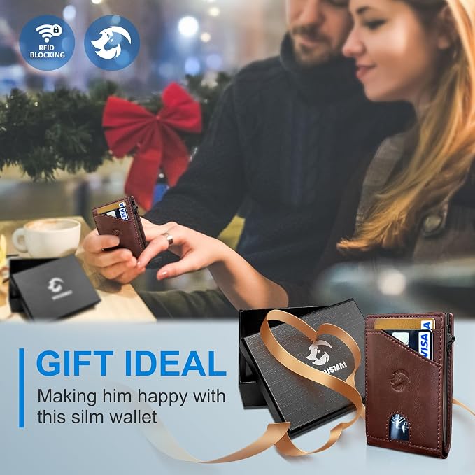 Wallet for Men, Slim Pop Up Card Holder with RFID Blocking, Minimalist Bifold Wallet with 9 Card Slots, ID Window and Cash Pocket, Metal Flip Case with Magnetic Closure, Gift Box - Image 9