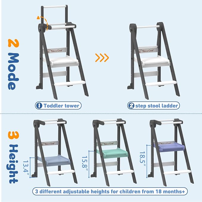 Foldable Toddler Tower, 3 Adjustable Height, Toddler Kitchen Stool Helper | Wooden Standing Tower with Safety Net ,Safety Feet,for Kitchen, Bathroom, Study Room,Offer Customer Service - Image 6