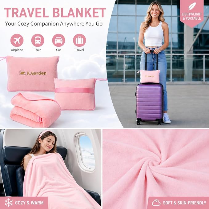 K.Garden Travel Throw Blanket Pillow, Pink | 2 in 1, Soft, Compact, Luggage Backpack Strap, Airplane Flight Essentials - Image 4