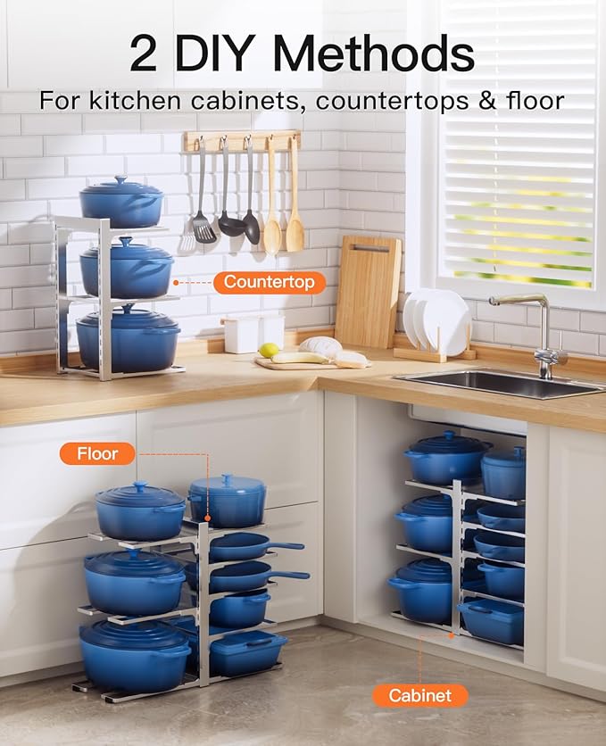 Pots and Pans Organizer Under Cabinet 15.8" 8-Tier Adjustable Silver | 2 DIY Modes, Tool-Free Assembly, Max 120 Lbs, Fits Cast Iron Pans, Dutch Ovens & Heavy Cookware, For Kitchen Cabinets - Image 2