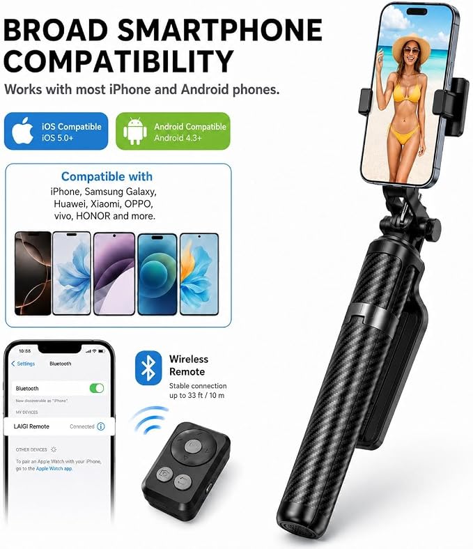 70" Phone Tripod Stand with Wireless Remote, Selfie Stick for iPhone Samsung Android, Portable Cell Phone Holder for Video Recording Photos Vlogging Travel - Image 7