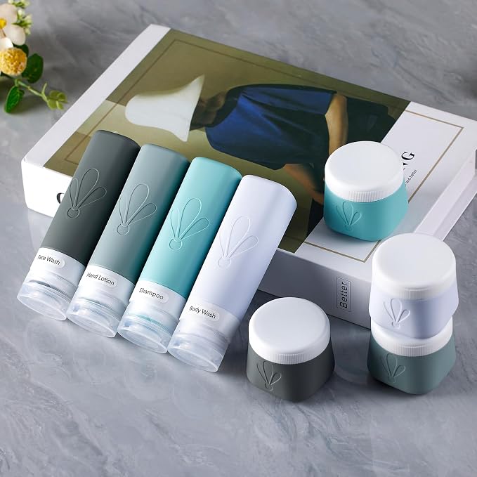 INSFIT travel bottles for toiletries 8 Pack, Leak proof Travel Size Toiletries Containers with toiletry bag, Squeezable Silicone Bottles & Cream Jars, Travel Essentials BPA-Free kit for Shampoo - Image 5