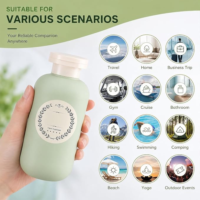METAPACK 4Pack 6.8oz Travel Shampoo Bottles with Labels, Refillable Travel Bottles, Flip Top Squeeze Bottles, Portable Plastic Toiletry Containers for Lotion, Conditioner & Body Wash(blue, green) - Image 5