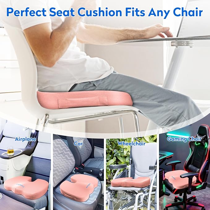 CushZone XXL Memory Foam Seat Cushion for Office & Car, Pink | U-shaped Coccyx Cutout, Contoured Design, Breathable Removable Mesh Cover, Non-Slip Base, Carry Handle - Image 5