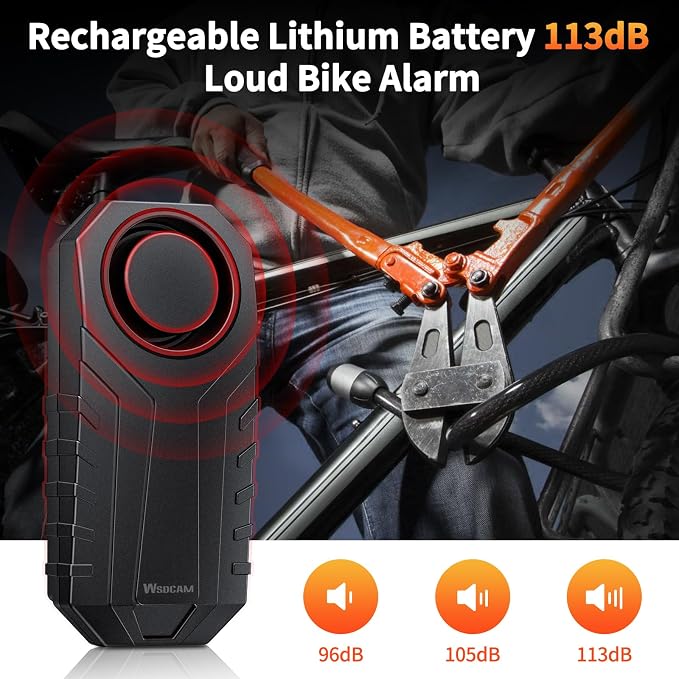 WSDCAM 113dB Wireless Bike Alarm with Remote, Rechargeable Bicycle Alarm System Anti Theft, IP65 Waterproof, 3 Volume Bike Alarms for E-Bikes, Motorcycles, Scooter, Outdoor Riding and Cycling Safety - Image 2