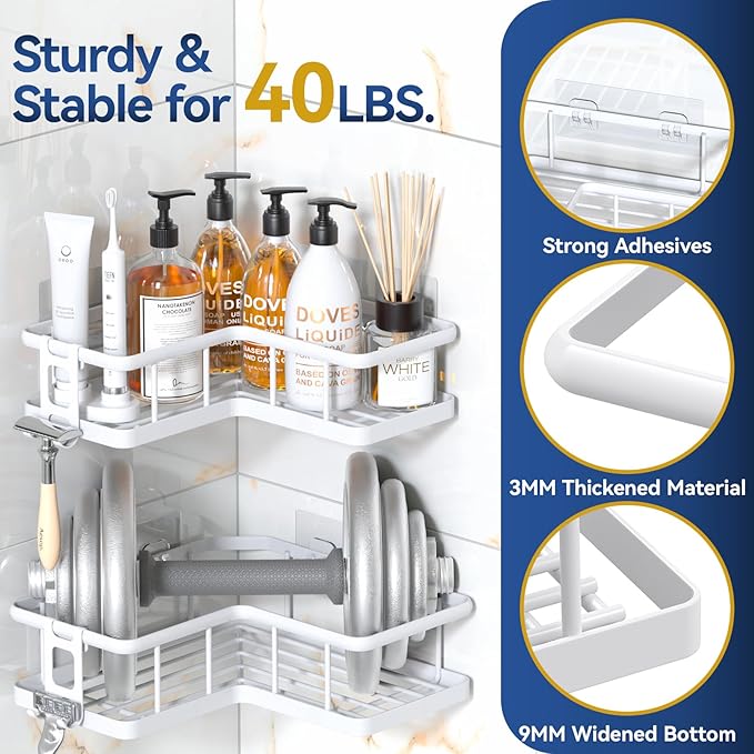 Corner Shower Caddy Adhesive, 100% Rustproof Shower Organizer, No Drill Shower Shelf for Inside Shower, Wall-Mounted Shower Storage for Homes (2 Pack, White) - Image 4