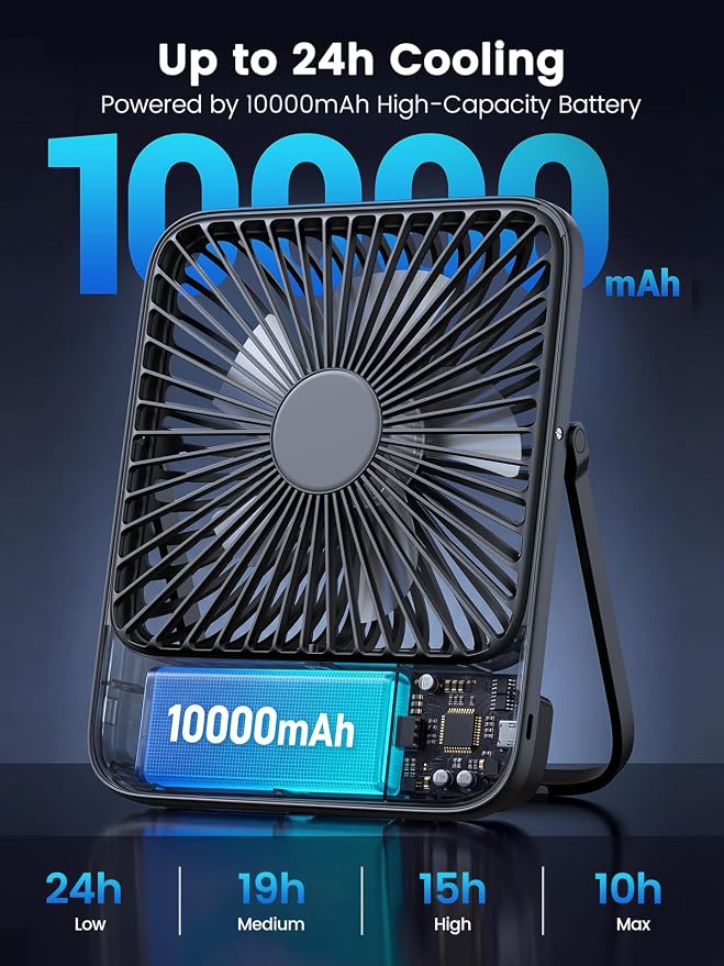 Warmco D3 10000mAh Portable Travel Fan 7-inch, Up to 24H Runtime | Ultra-Slim, Quiet Operation, Battery Powered Fan with Digital Display for Sleeping, Camping, Office, Cruise Essentials - Image 2