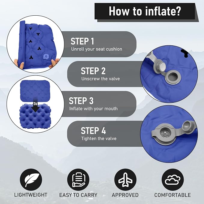 Inflatable Seat Cushion, Lightweight Stadium Seat Pad, Travel Air seat Cushion Anti-Slip for Airplane, Long Flights, Hiking, Climbing, Home and Camping, Compact Air Cushion,Navy Blue - Image 4