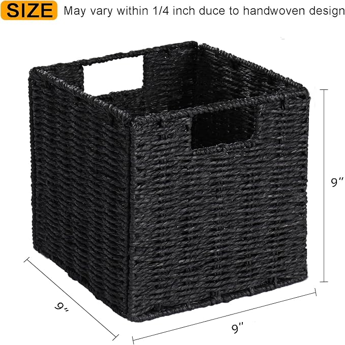 Wicker Basket, Set of 2 Woven Storage Baskets for Shelves, Foldable Cube Storage Basket Bins with Handles, 9 inch Small Storage Baskets for Organizing Pantry Bedroom, Black - Image 2