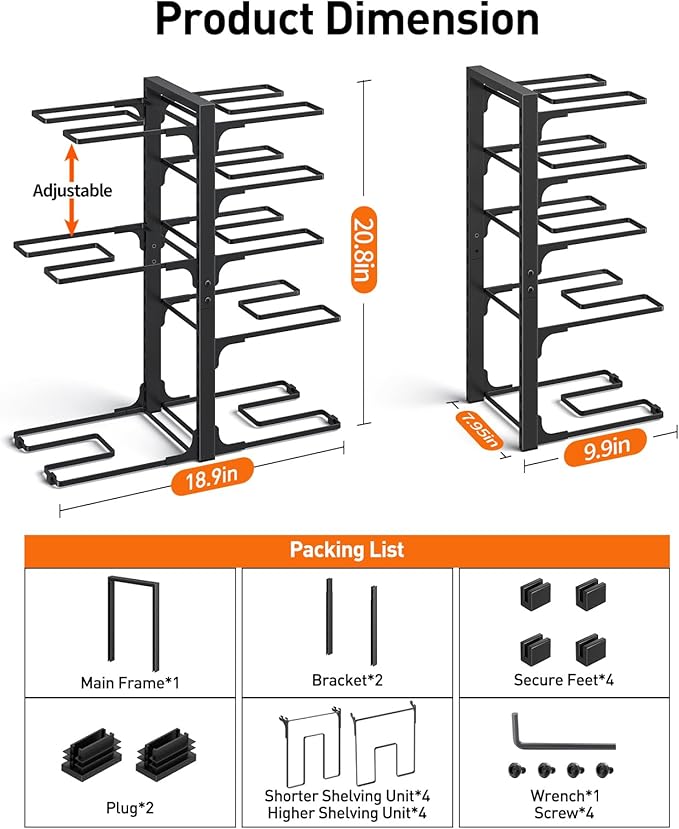 Pots and Pans Organizer Under Cabinet 20.8", 8-Tier Adjustable Black | 2 DIY Modes, Tool-Free Assembly, Max 120 Lbs, Fits Large Stockpots, Cast Iron Pans & Heavy Cookware, For Kitchen Cabinets - Image 3