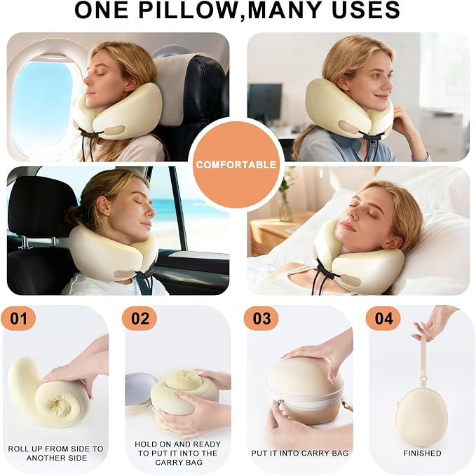 Travel Essentials,Travel Neck Pillow for Airplanes Sleeping,Neck Support Pillow,Portable Oldable Memory Foam(Ivory White) - Image 3