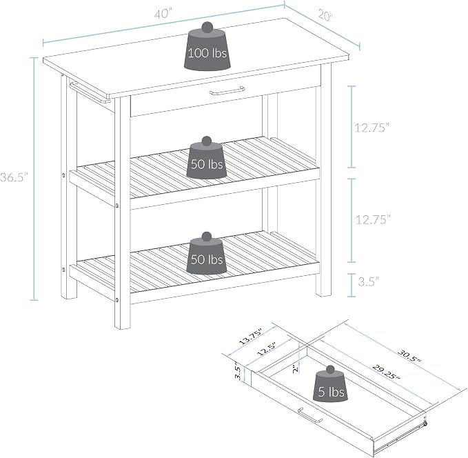 Casual Home Kitchen Island with Solid American Hardwood Top, Slate Gray, 40" W (373-932) - Image 3